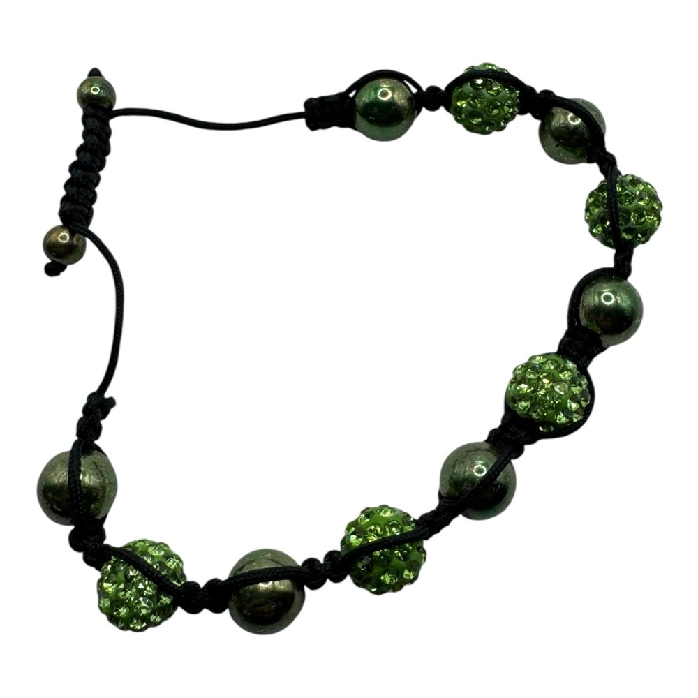 Green Rhinestone & Hematite Bead Shamballa Bracelet – Adjustable